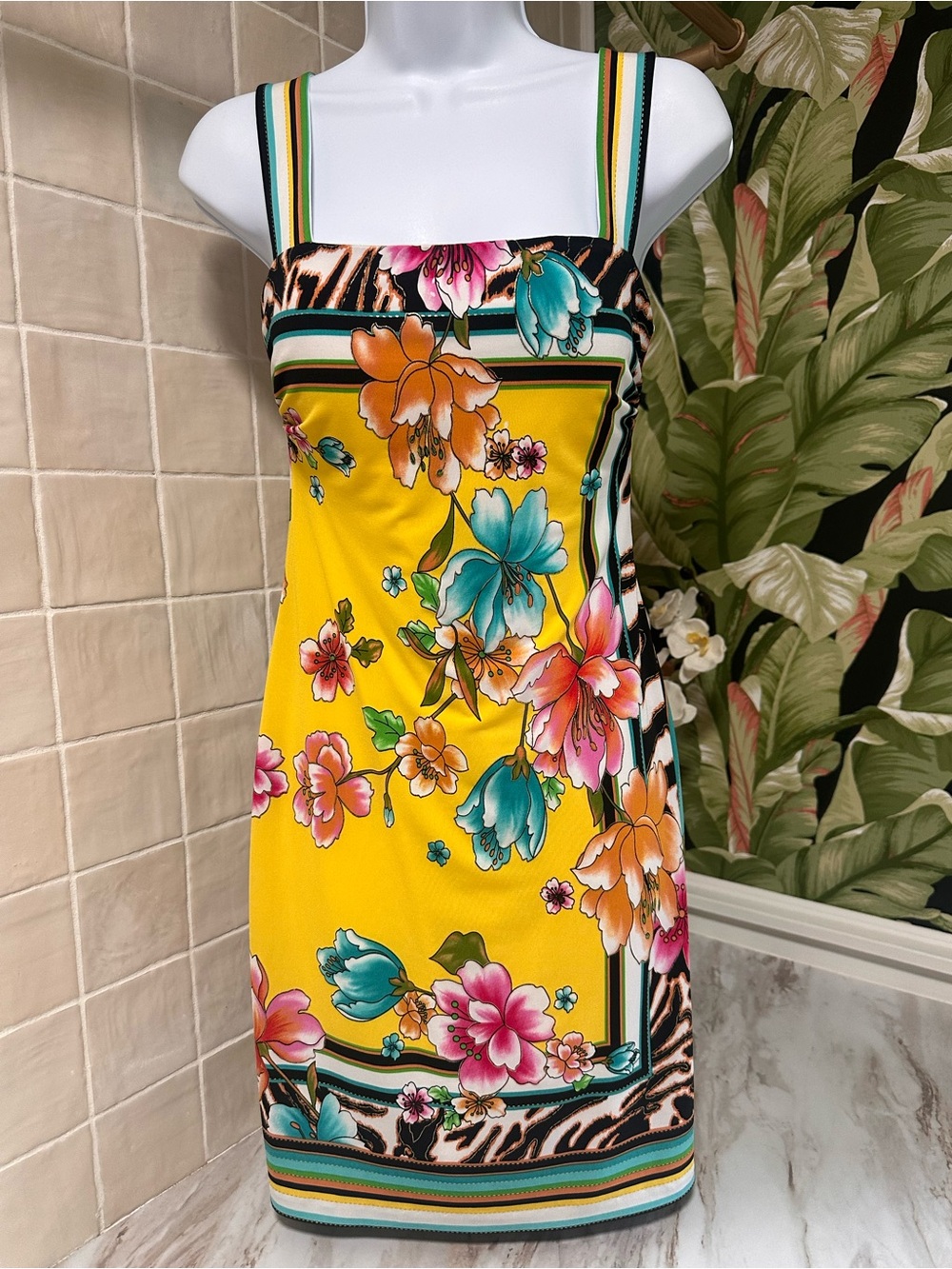 Vintage Cache Floral Print Dress Y2K Striped Strap Yellow Statement